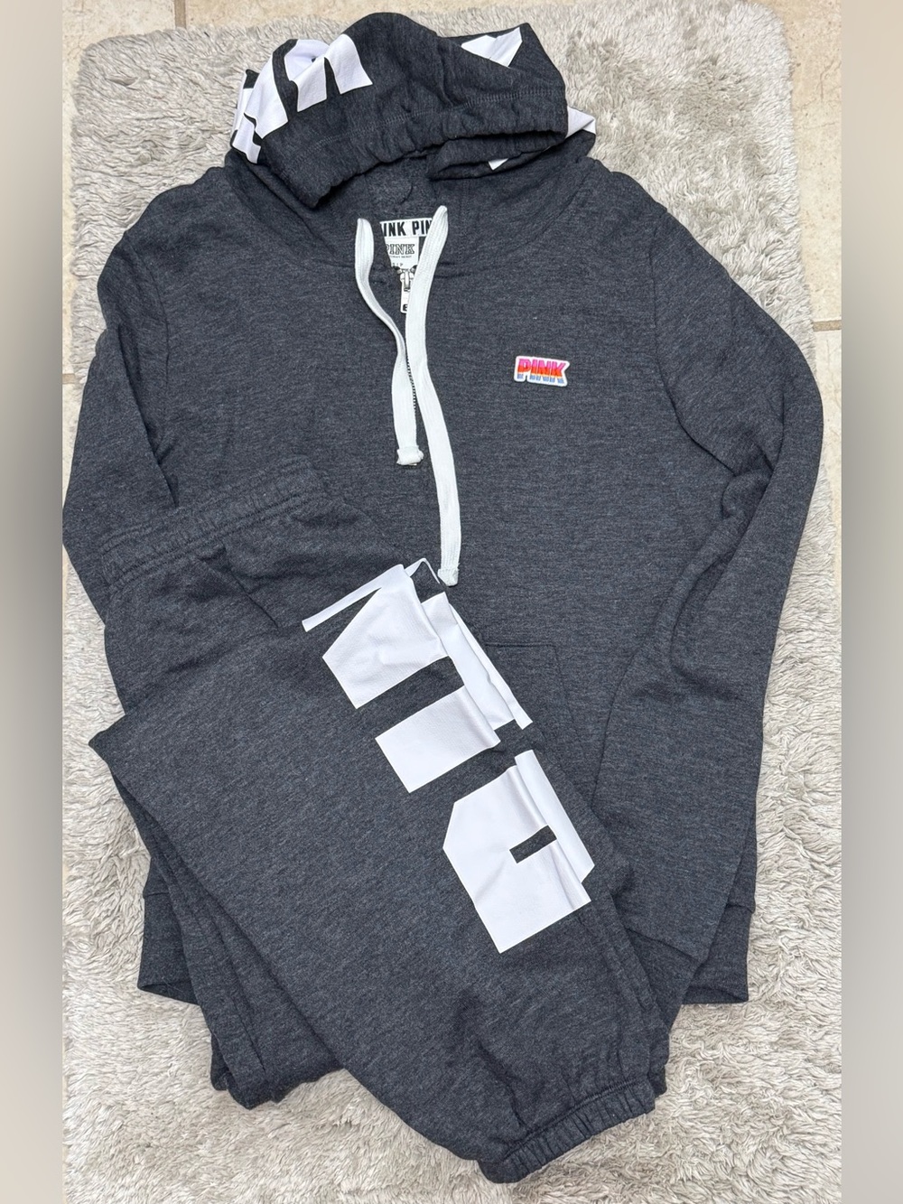 PINK Victoria's Secret Dark Gray Hoodie & Jogger Set with White Logo